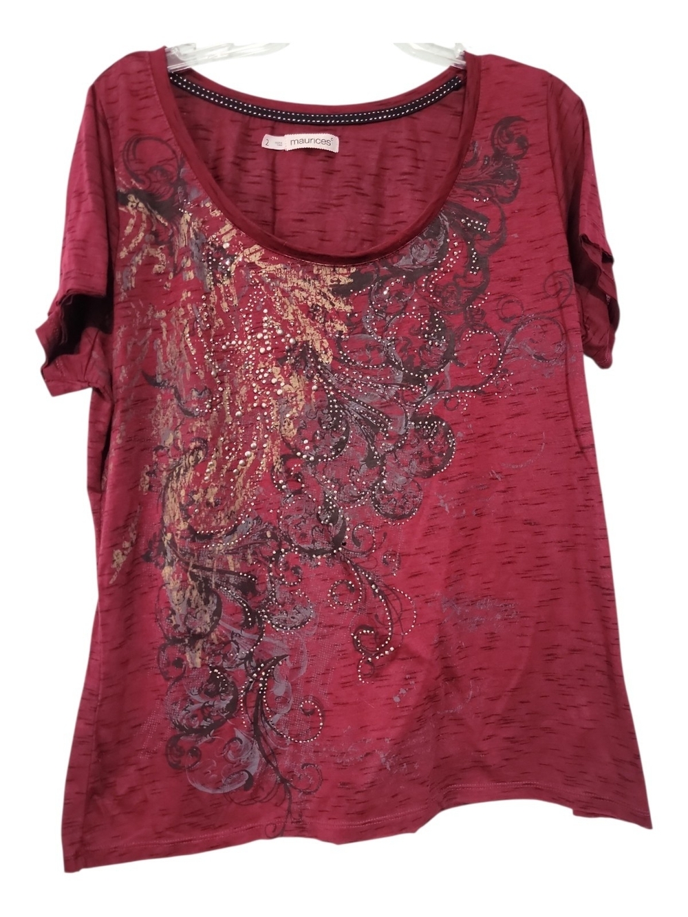 Maurices Red Scoop Neck Embellished Short Sleeve Tee